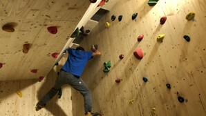 Eine Person erklimmt eine Holzwand mit bunten Griffen.