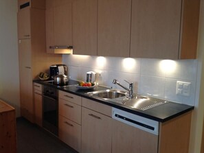 A modern kitchen with stainless steel appliances, wooden cabinets, and a built-in dishwasher. - Fionas / Wohnung Vonlanthen, (Ftan) by Interhome (Ftan)