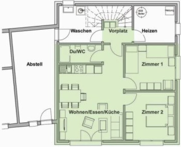 A floor plan with a living area, two bedrooms, a bathroom, and a kitchen. - Fionas / Wohnung Vonlanthen, (Ftan) by Interhome (Ftan)