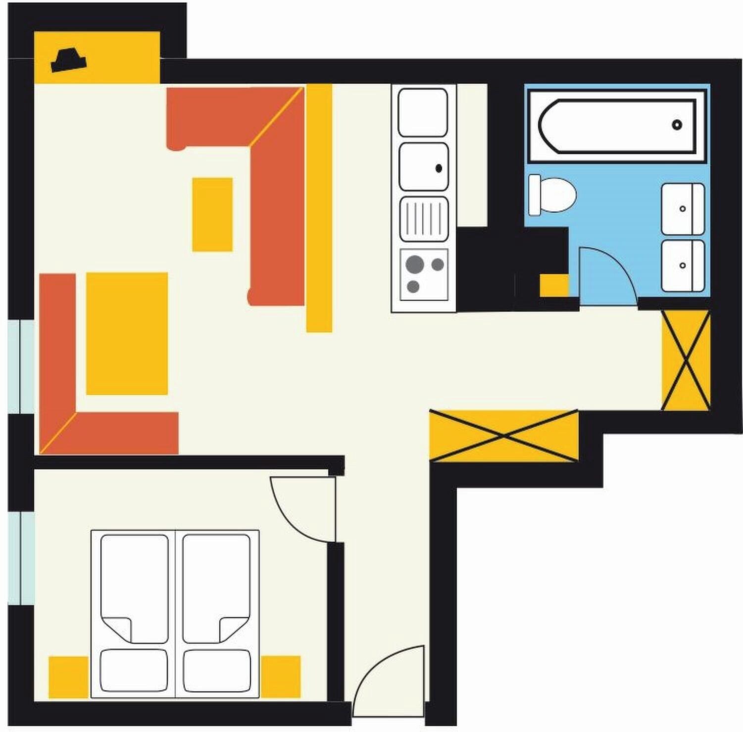Un plan d’étage comprenant une cuisine, une salle de bain et deux chambres.