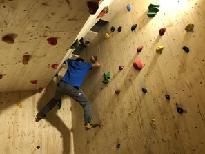 A person climbing a wooden wall with various colored holds. - Das Felaria, (Samnaun-Laret) by Interhome (Samnaun)