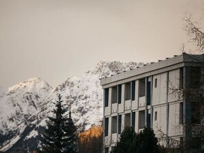 A building with a modern architectural style, featuring a flat roof and a symmetrical facade with vertical windows. - Hotel Maistra 160, (Pontresina), by Interhome (Pontresina)