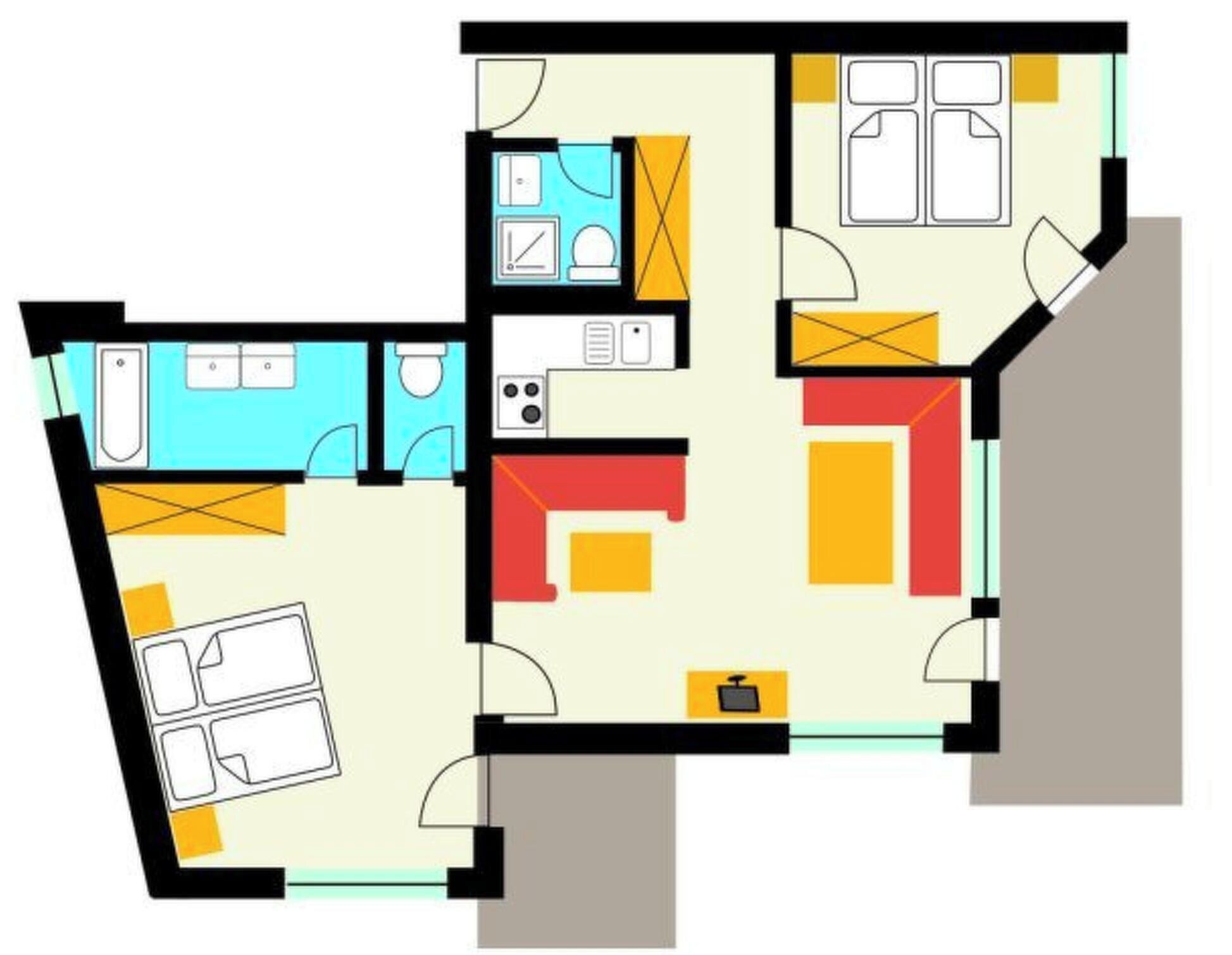 Plano de planta que muestra una cocina, comedor, dos dormitorios y un baño.