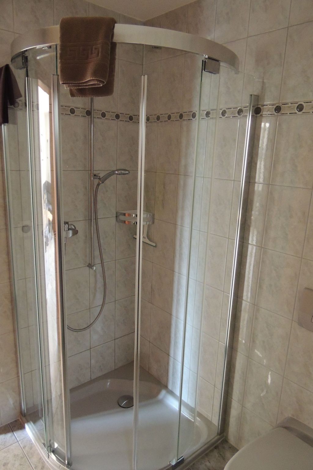 Une cabine de douche fermée par des parois en verre, avec une serviette accrochée à la porte, une douchette à main et un robinet fixé au mur.