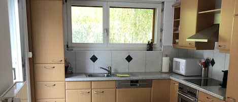 Cozinha com armários de madeira, micro-ondas embutido e janela com vista para vegetação.