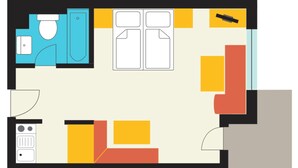 A hotel room layout with a bathroom, kitchenette, and a seating area. - Atlantis Apartments by MEIN SAMNAUN – MOUNTAIN HOMES, (Samnaun-Ravaisch) by Interhome (Samnaun-Ravaisch)