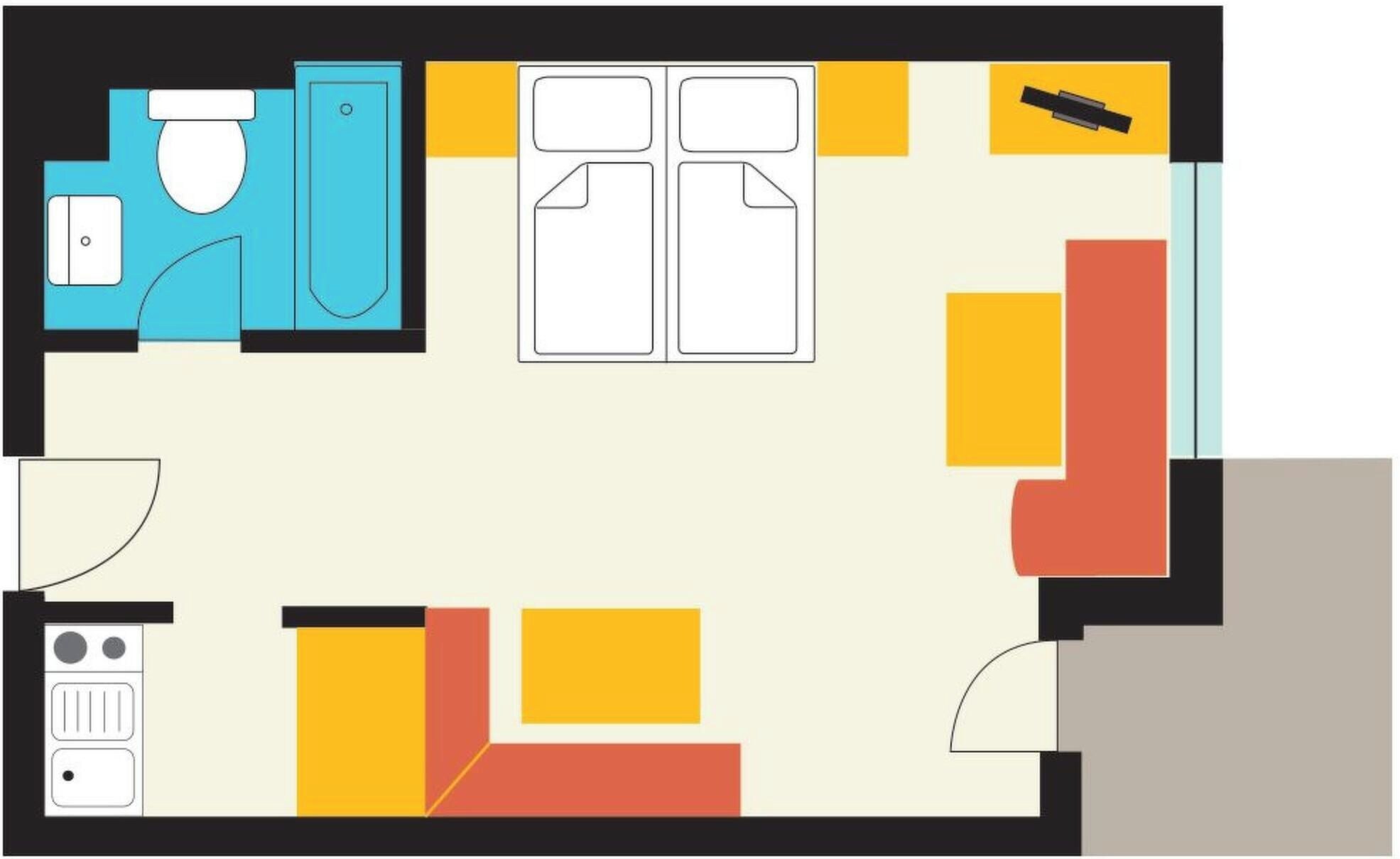 Un plan d’aménagement de chambre d’hôtel comprenant une salle de bain, un coin cuisine et un espace salon.