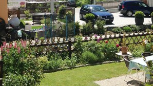 Un giardino con prato, piante in vaso e una recinzione.