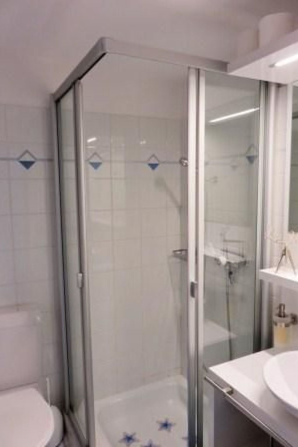 A bathroom with a glass-enclosed shower, a white sink, and a toilet.