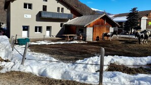 Um edifício com várias janelas e uma varanda, um celeiro de madeira, e cavalos em uma área externa coberta de neve.