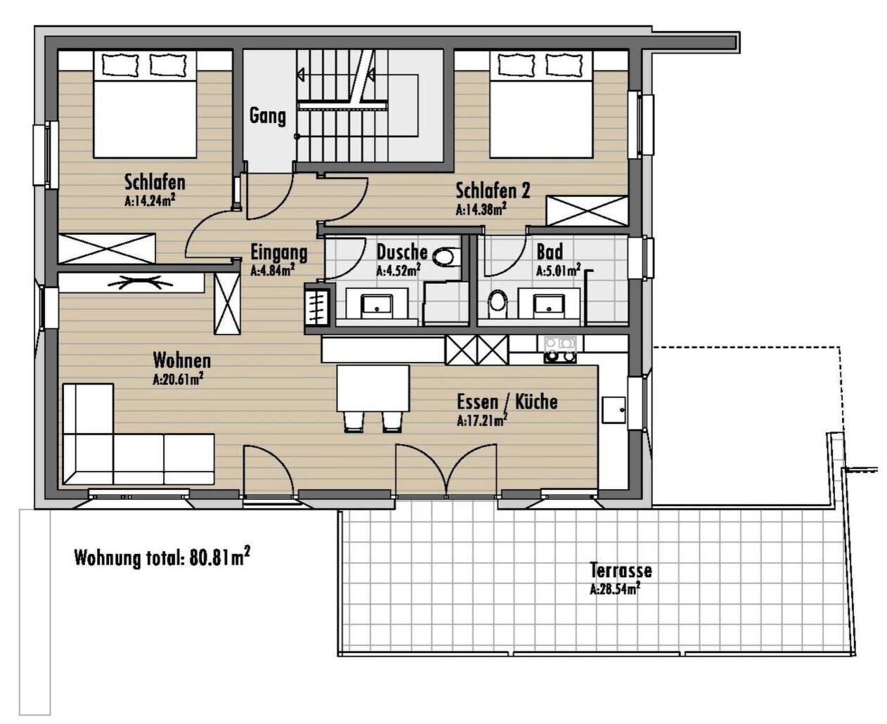 A floor plan of a hotel with 2 bedrooms, a living room, a kitchen, a bathroom, and a terrace.