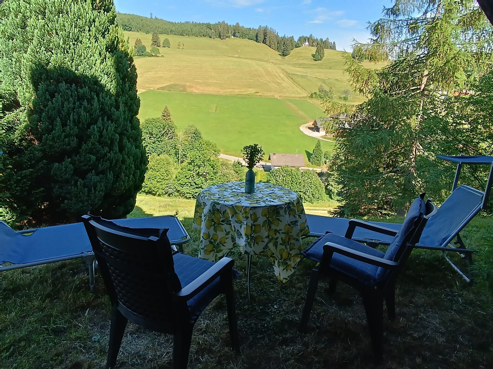 Eine Terrasse mit Tisch und Stühlen mit Blick auf eine grüne Landschaft.