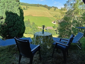 Eine Terrasse mit Tisch und Stühlen mit Blick auf eine grüne Landschaft.