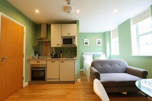 A compact room with a kitchenette, a bed, a grey sofa, and a small table. - Prince Street Studio 10 - Hopewell (Bristol)
