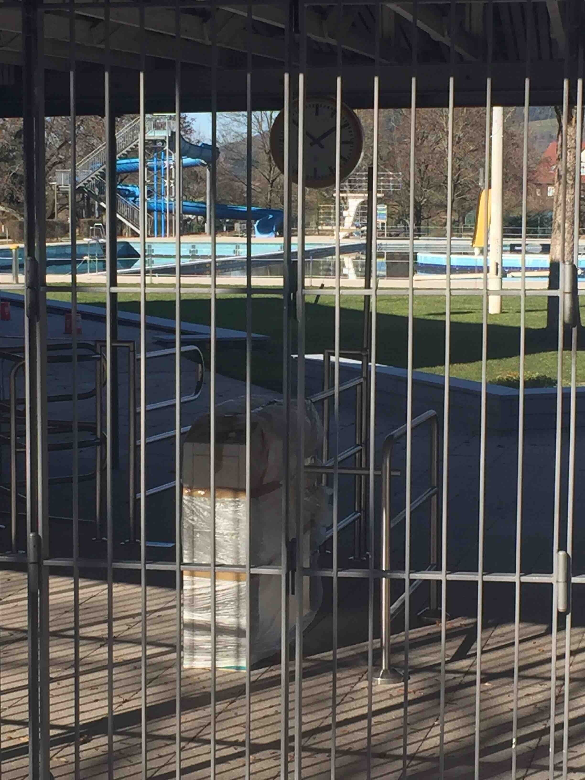 A metal fence with a clock and a water slide in the background.