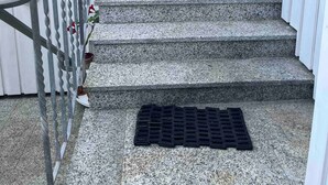 Un conjunt d'escales de pedra que condueixen a una porta amb un panell de vidre mossegat, una barana metàl·lica a l'esquerra i un estriat negre a la base.