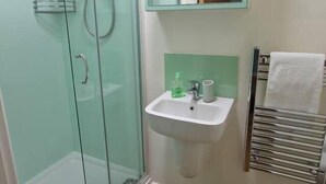 Un baño con cabina de ducha de vidrio, un lavamanos con espejo y un perchero para toallas.
