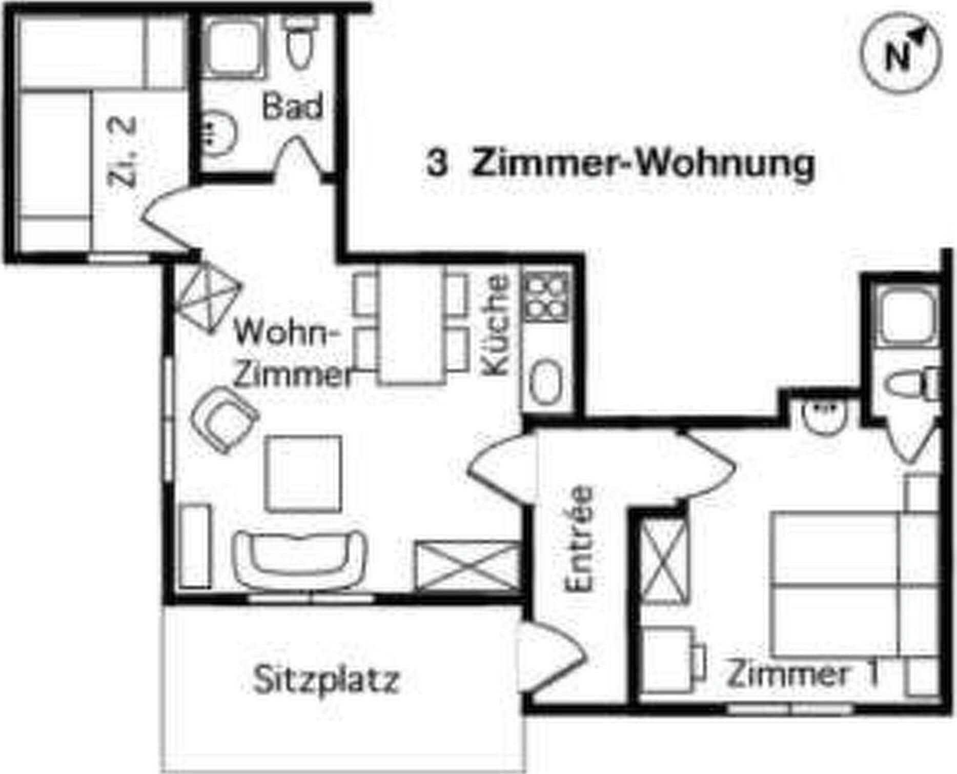 A 3-room apartment layout with a living room, kitchen, and bathroom.