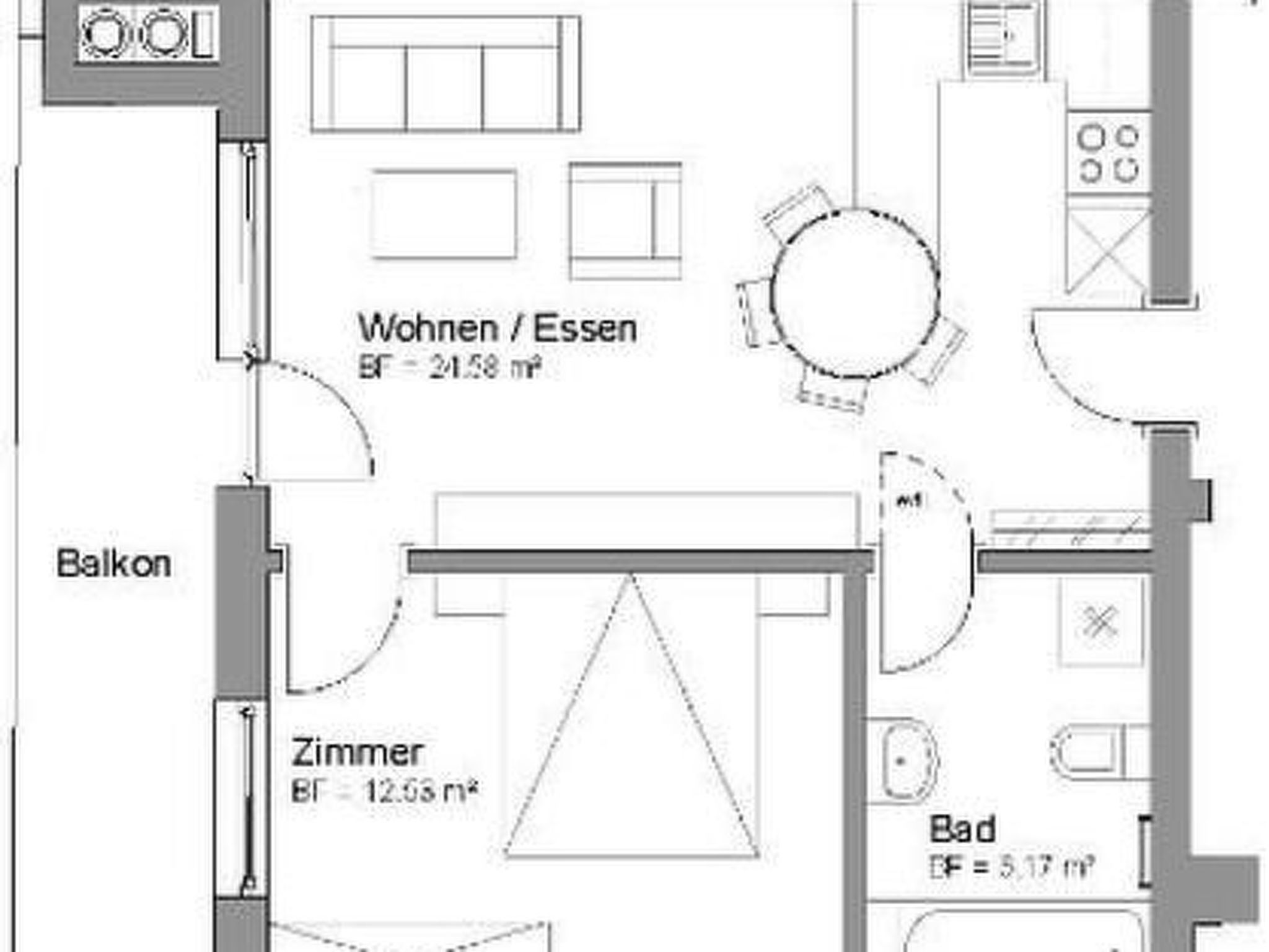 A hotel floor plan with a living area, balcony, and a bathroom.