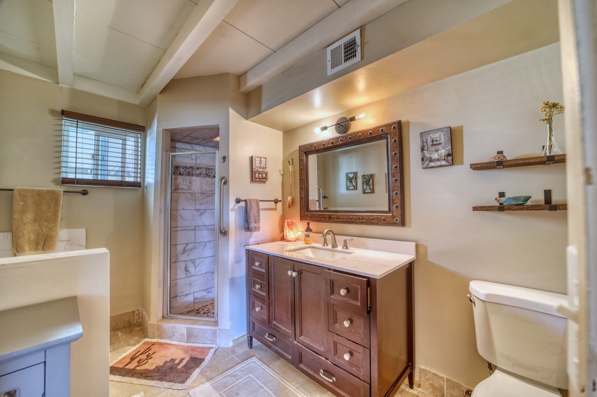 Hair dryer, towels, soap, toilet paper