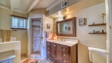 Hair dryer, towels, soap, toilet paper