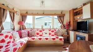 Een gezellige kamer met een slaapbank, een televisie, een open haard en uitzicht op een huis door het raam.