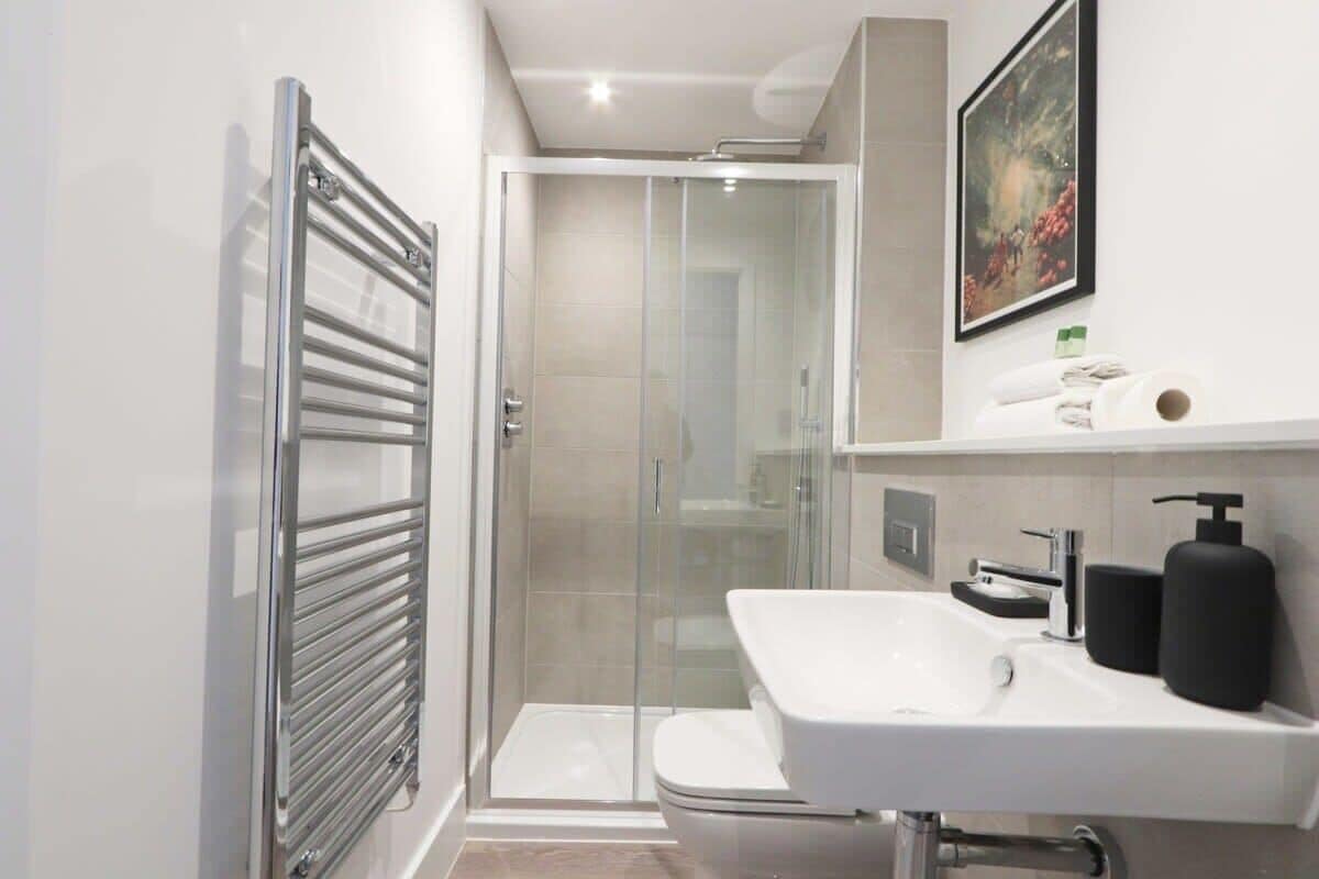 Shower, hair dryer, towels, shampoo