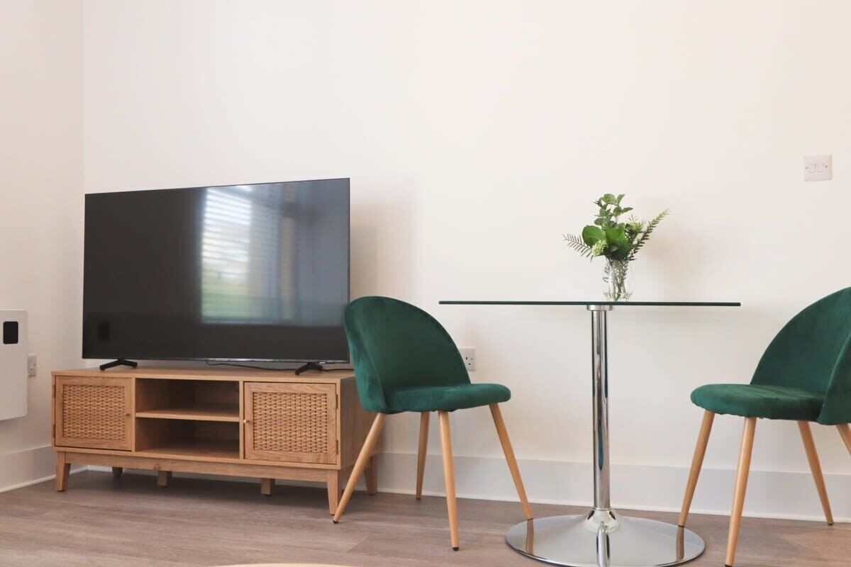 A room with a flat-screen TV on a wooden cabinet, two green chairs around a glass table, and a potted plant on the table.