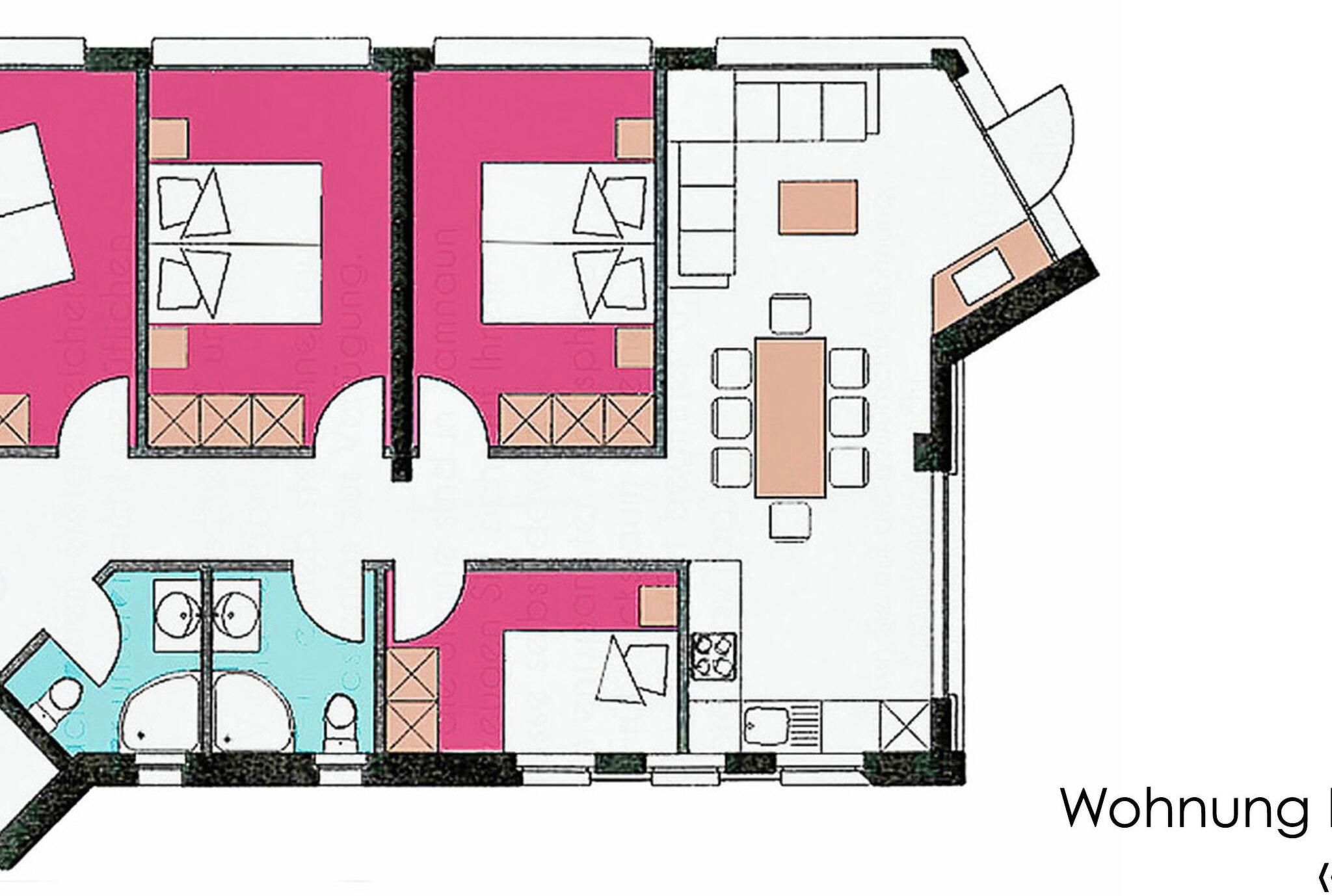 A floor plan of a hotel with multiple rooms, a dining area, and a kitchen.