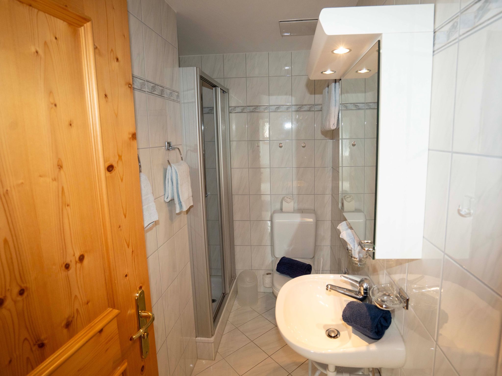 Ein Badezimmer mit Holztür, einer Duschkabine aus Glas, einem weißen Waschbecken mit Spiegel und einer Toilette.