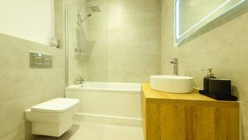 Shower, hair dryer, towels, shampoo