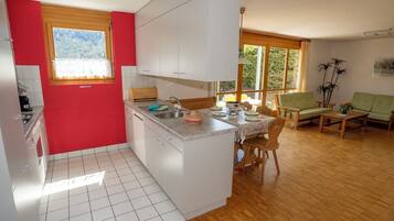 Fridge, oven, dishwasher, cookware/dishes/utensils