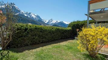 A garden with a mountain view, a hedge, and a wooden structure.