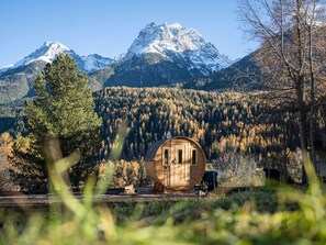 Eine Holzhütte mit Tür und Fenstern, umgeben von Wald und Bergen.