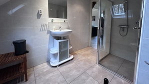 Ein modernes Badezimmer mit Dusche, Waschbecken und Spiegel.