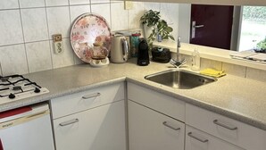 A kitchen with white cabinets, a stainless steel sink, a gas stove, and a potted plant. - Bungalowpark Simpelveld - Alpha 89 by Interhome (Simpelveld)
