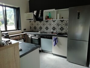 Private kitchen - Grand Gîtes Les Hangars: Mountain View, Private Terrace, and Wi-Fi (Saulxures-sur-Moselotte)