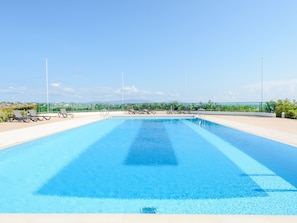Ein rechteckiger Pool mit klarem, blauem Wasser, umgeben von einer gefliesten Liegefläche.
