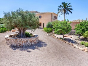 A building with a gravel driveway, a stone circular planter with a tree, and a palm tree. - Can Molino by Interhome (Cala Figuera)