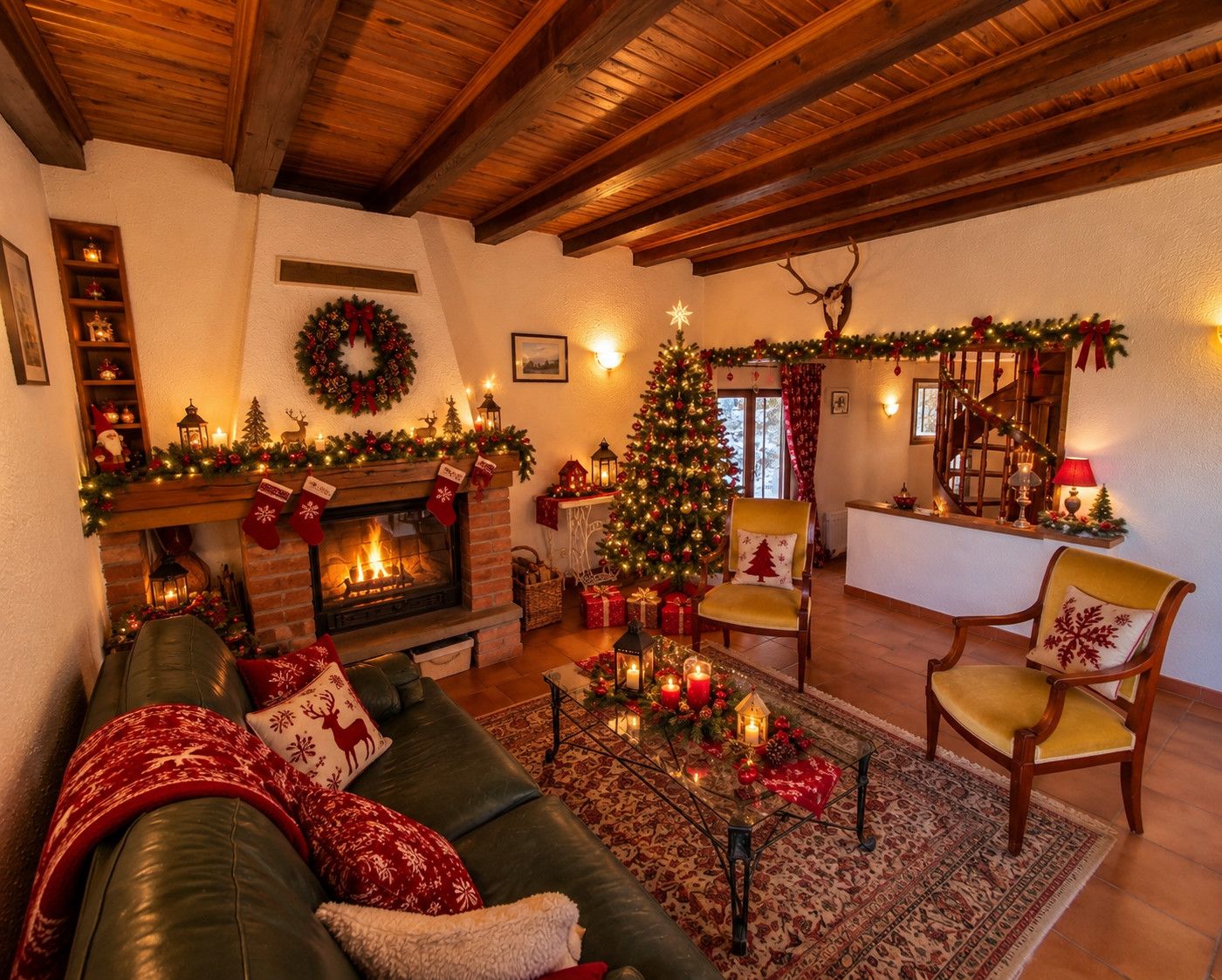 Uma sala de estar aconchegante com lareira, árvore de Natal e decorações festivas.