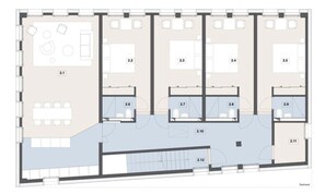 A floor plan of a hotel with multiple rooms, a central hallway, and a swimming pool area. - Ferienhaus Isla, (Nufenen), by Interhome (Nufenen)
