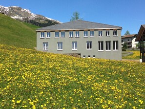 A modern building with a flat roof, multiple windows, and a surrounding field of yellow flowers. - Ferienhaus Isla, (Nufenen), by Interhome (Nufenen)