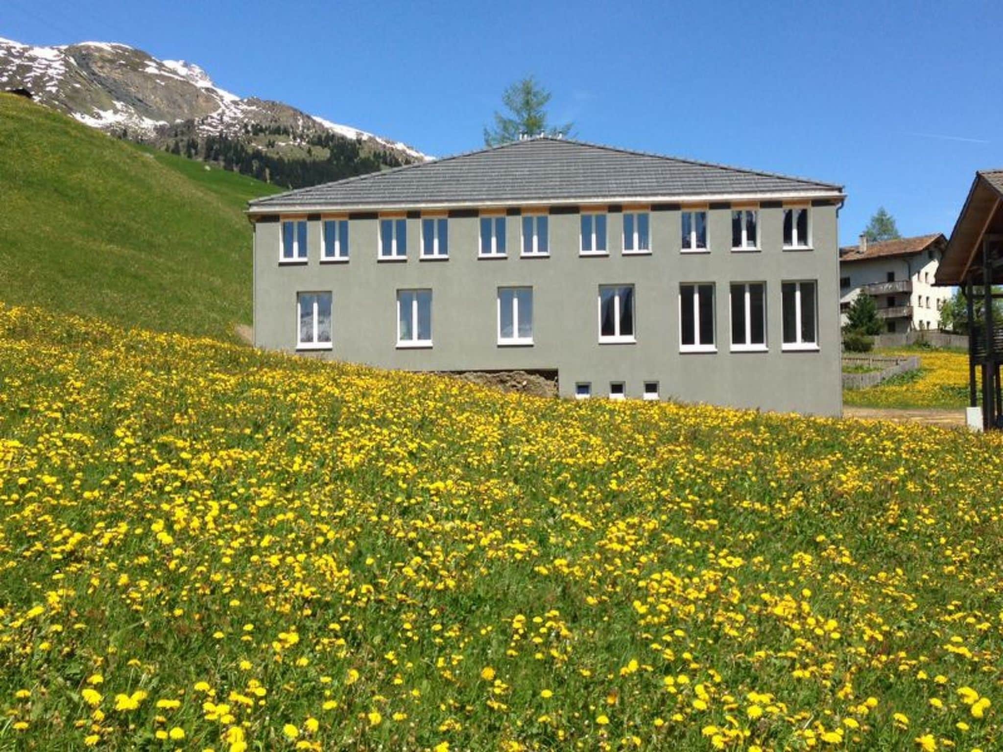 A modern two-story building with a flat roof, surrounded by a field of yellow flowers, with mountains in the background.