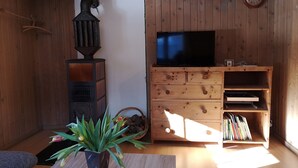 Ein Holzinterieur mit Fernseher, Kamin, einer Uhr und einem Bücherregal.