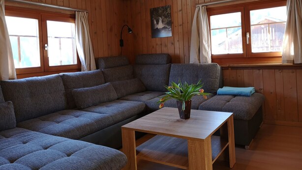 Ein Zimmer mit Holzwänden, einem Ecksofa, einem kleinen Tisch mit einer Pflanze und einem Bild an der Wand.