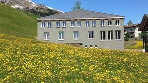 A modern building with a flat roof, multiple windows, and a surrounding field of yellow flowers. - Ferienhaus Isla, (Nufenen), by Interhome (Nufenen)