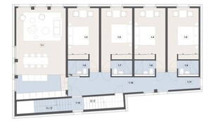 A floor plan of a hotel with multiple rooms, a central corridor, and a pool area. - Ferienhaus Isla, (Nufenen), by Interhome (Nufenen)
