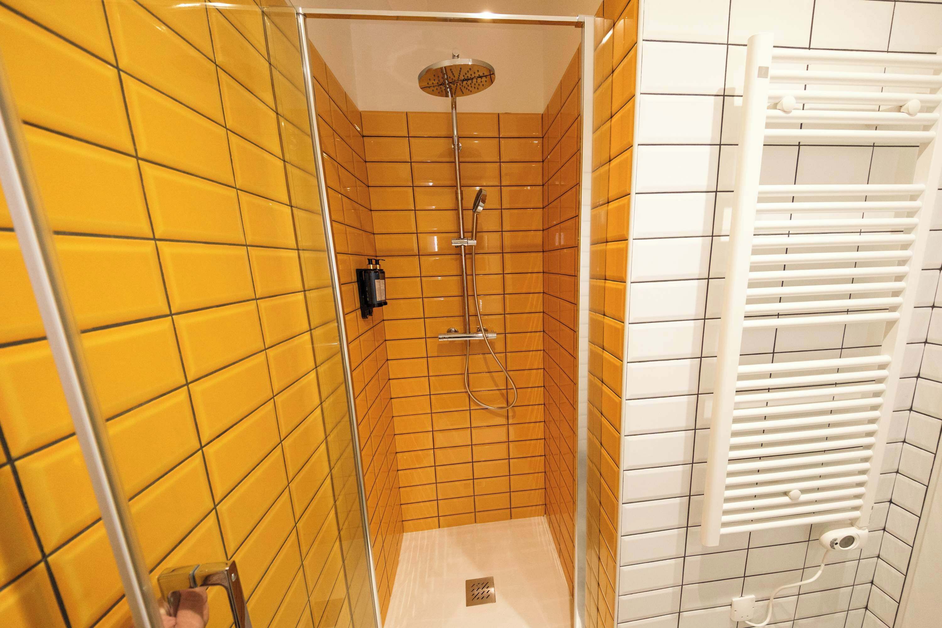 Douche, serviettes fournies, shampoing