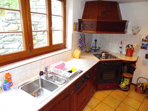 Eine Küche mit Spüle, Herd und Holzschränken.