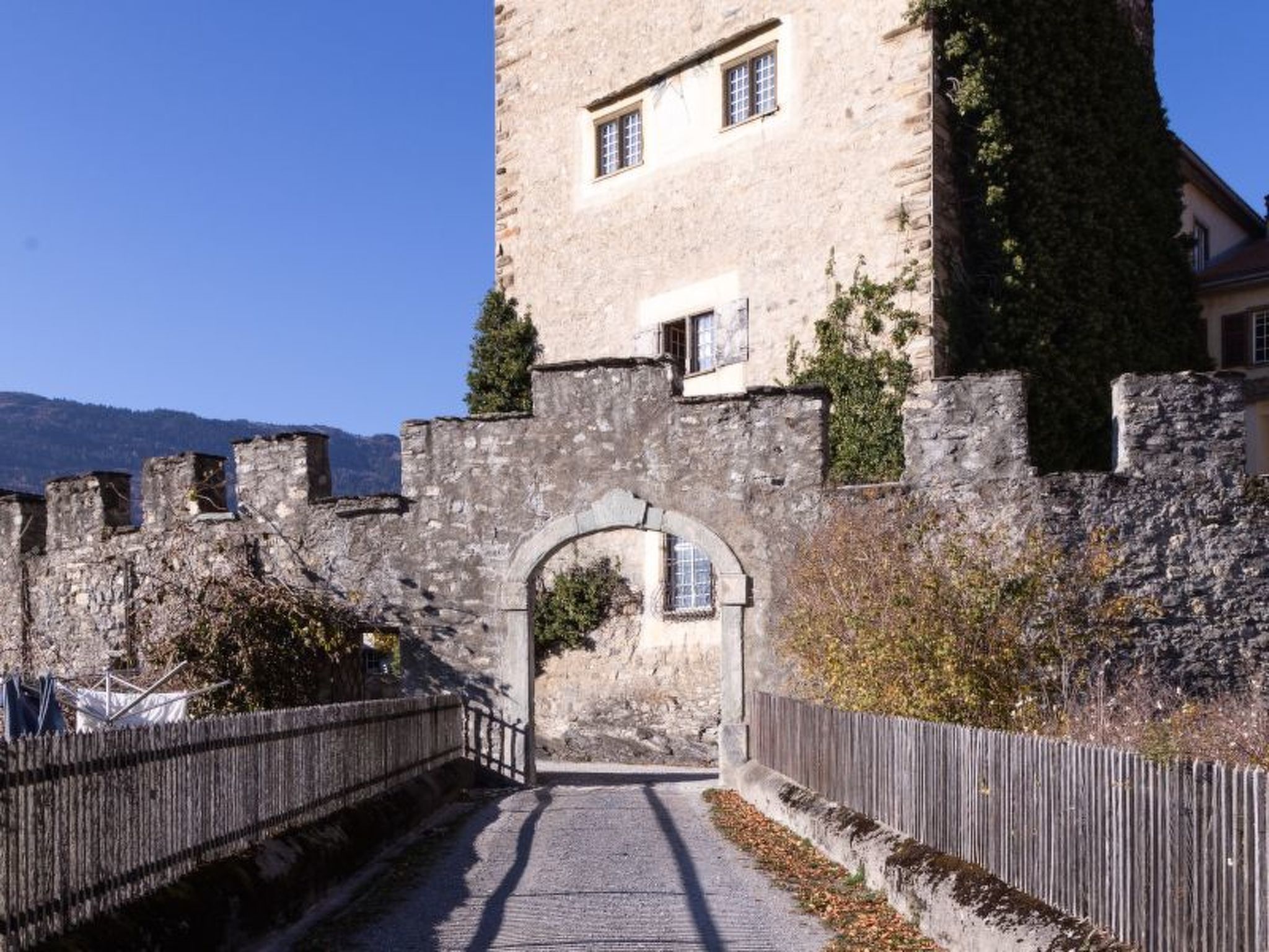 A stone bridge leading to a castle with a tower, surrounded by a stone wall and vegetation.
